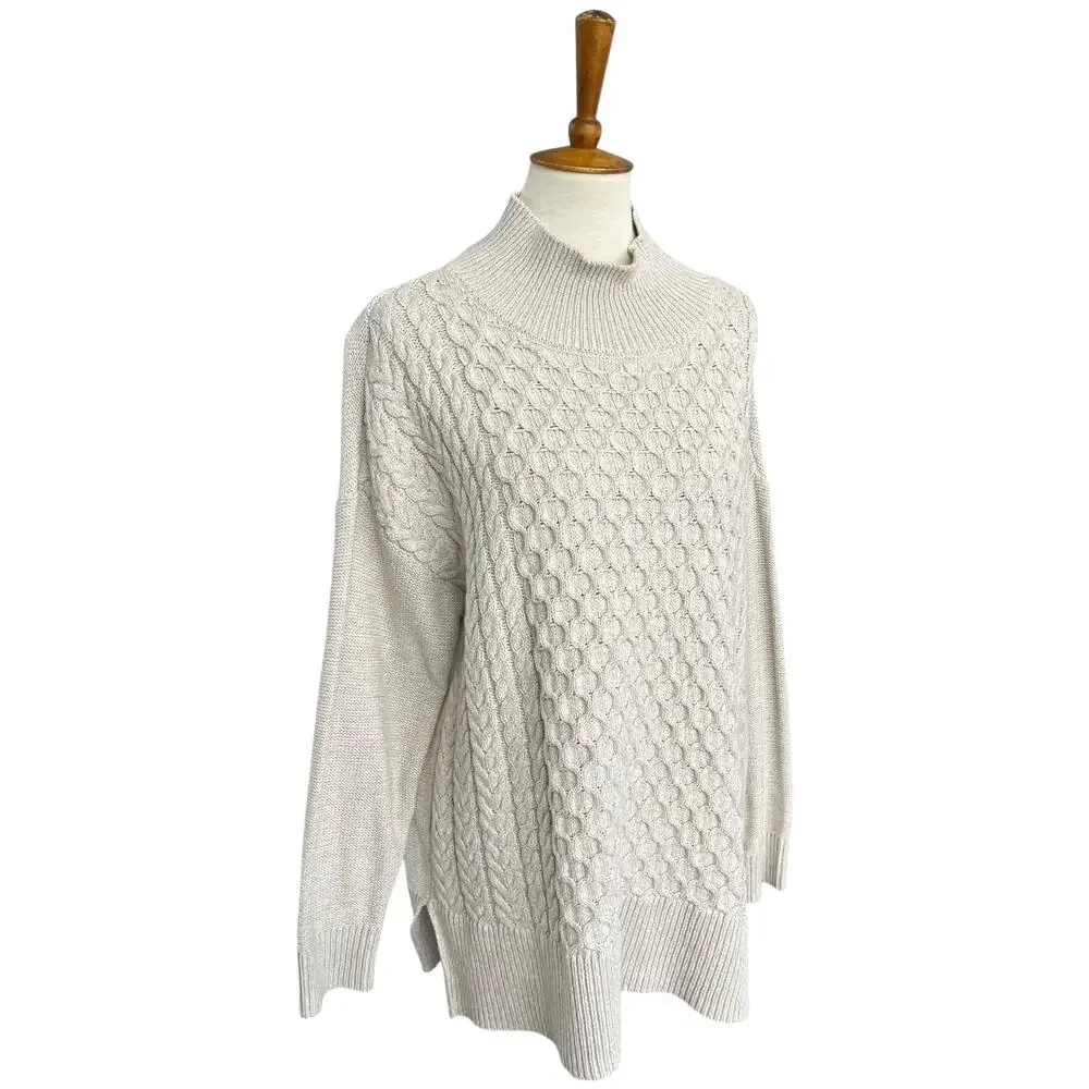 NWT Crown & Ivy Knit Fisherman Coastal Oatmeal Mock Neck Sweater Size Medium - Picture 5 of 9